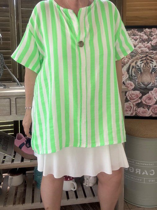 Blouse ample gaze de coton rayée vert fluo douceur +++ du 40 au 50/52