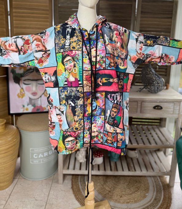Coupe-vent à capuche déperlant multicolore Frida Kahlo Pop Art du 38 au 48 et même +  