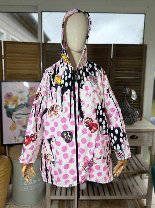 Coupe-vent à capuche déperlant multicolore pois Marylin Monroe du 38 au 48 et même +  