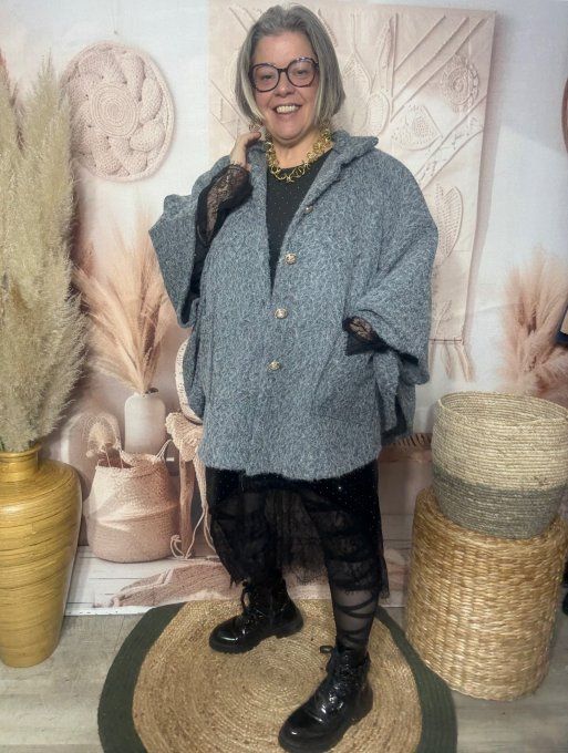 Veste-cape oversize laine bouillie gris perle TOUTES TAILLES jusqu'au 60 hiver +++  