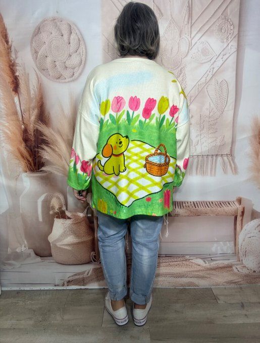 Sweat velours ras crème Le Chiot en pique-nique Tulipes douceur ++++ du 40 au 52/54 