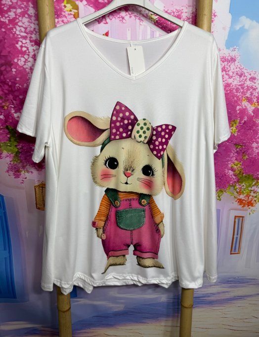 Tee-shirt trapèze écru manches courtes Col V L'adorable petit Lapin du 42 au 56  