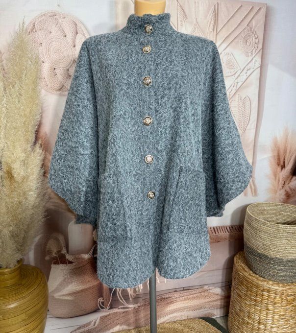 Veste-cape oversize laine bouillie gris perle TOUTES TAILLES jusqu'au 60 hiver +++  