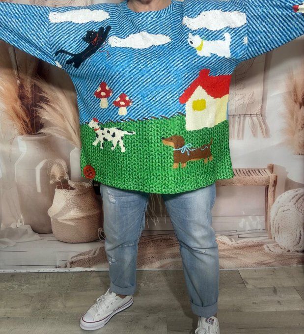 Sweat velours ras effet tricoté Les chiens et les chats douceur ++++ du 40 au 52/54 