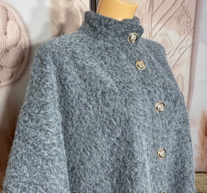 Veste-cape oversize laine bouillie gris perle TOUTES TAILLES jusqu'au 60 hiver +++  