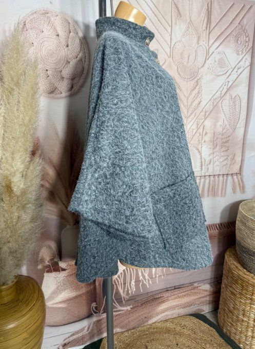 Veste-cape oversize laine bouillie gris perle TOUTES TAILLES jusqu'au 60 hiver +++  