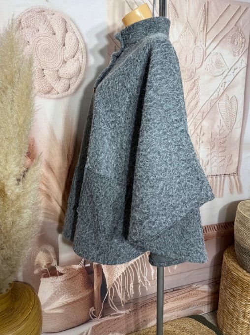 Veste-cape oversize laine bouillie gris perle TOUTES TAILLES jusqu'au 60 hiver +++  