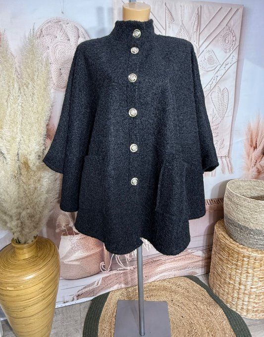 Veste-cape oversize laine bouillie noire TOUTES TAILLES jusqu'au 60 hiver +++