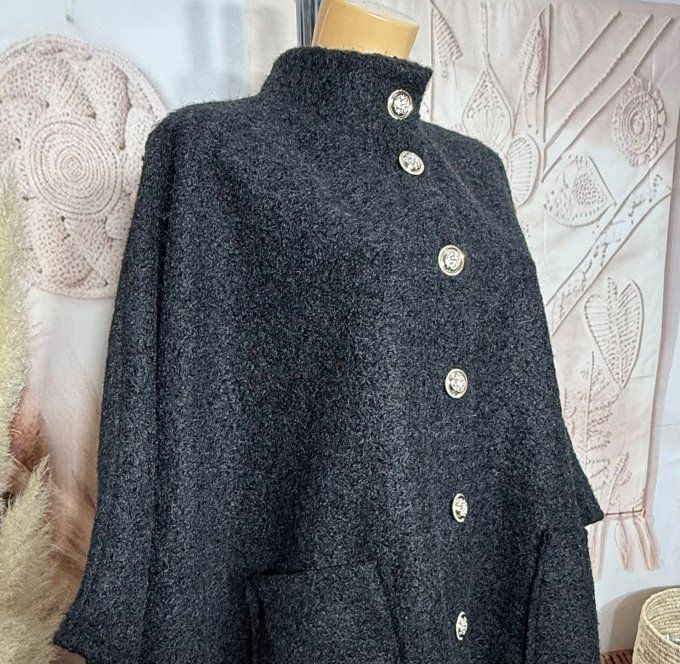 Veste-cape oversize laine bouillie noire TOUTES TAILLES jusqu'au 60 hiver +++
