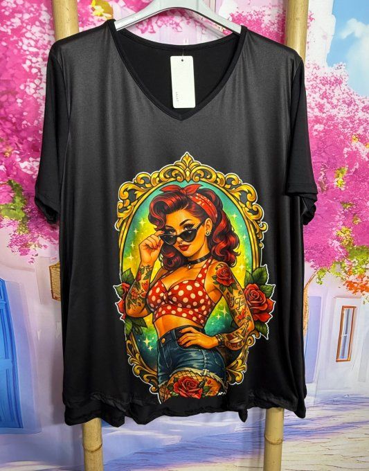 Tee-shirt trapèze noir manches courtes Col V The Tattoo Pinup Retro Chic du 42 au 56