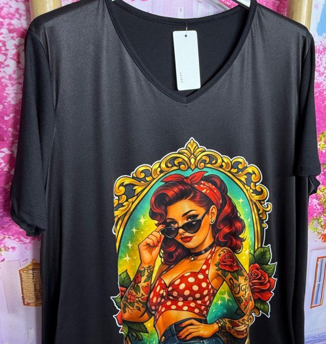 Tee-shirt trapèze noir manches courtes Col V The Tattoo Pinup Retro Chic du 42 au 56
