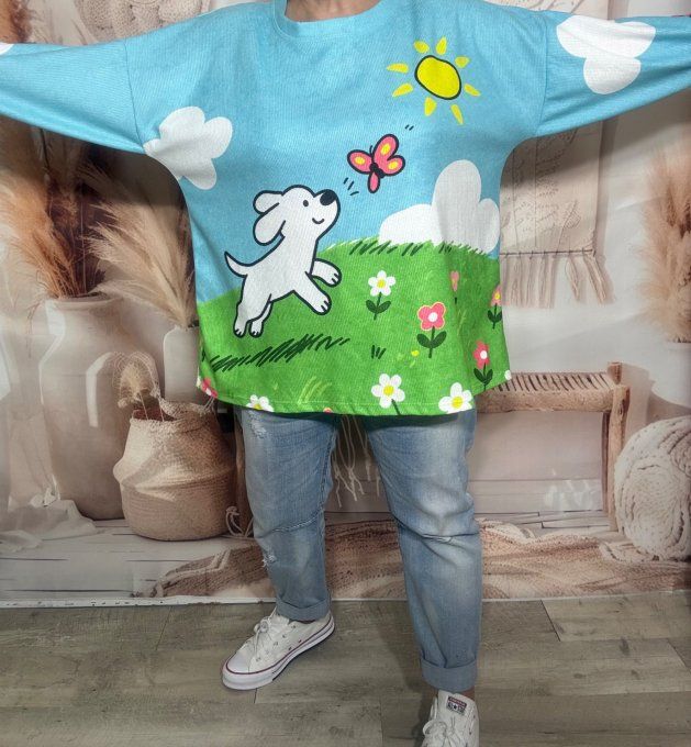 Sweat velours ras ciel Le Chiot blanc et le Papillon douceur ++++ du 40 au 52/54