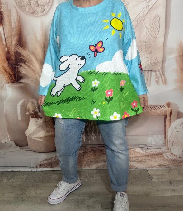 Sweat velours ras ciel Le Chiot blanc et le Papillon douceur ++++ du 40 au 52/54