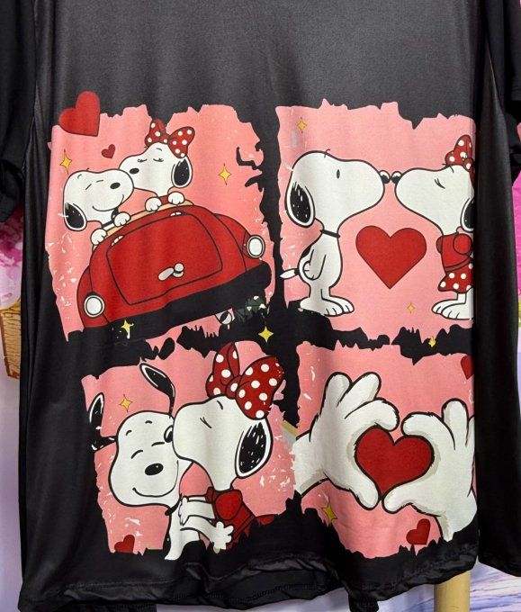 Tee-shirt trapèze noir manches courtes Col V Snoopy et son amoureuse du 42 au 56 