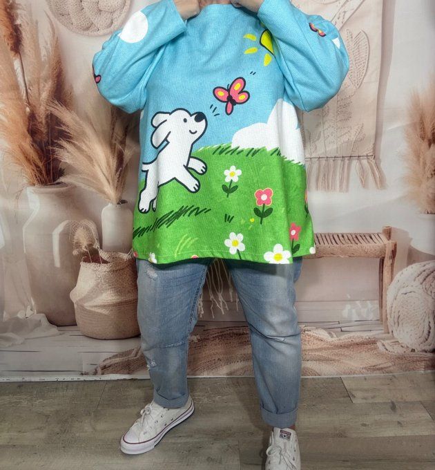 Sweat velours ras ciel Le Chiot blanc et le Papillon douceur ++++ du 40 au 52/54