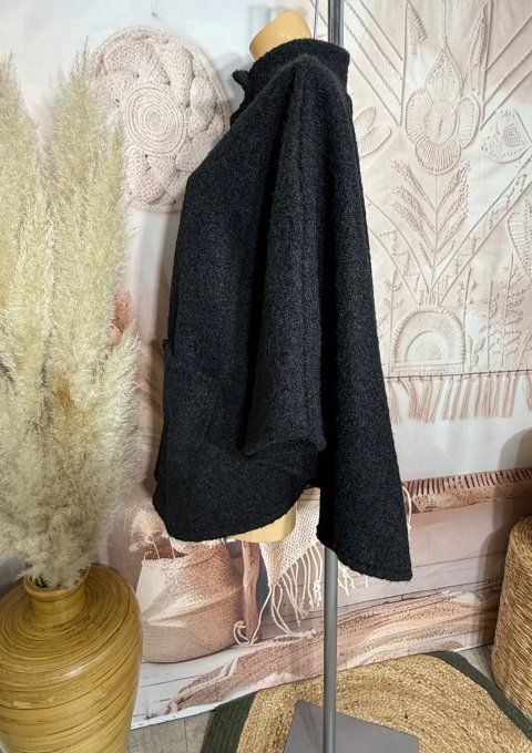 Veste-cape oversize laine bouillie noire TOUTES TAILLES jusqu'au 60 hiver +++