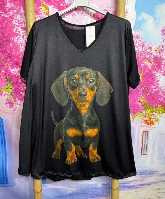 Tee-shirt trapèze noir manches courtes Col V Abby l'adorable Teckel du 42 au 56 
