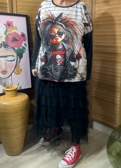 Top ample noir manches longues Punk Skulls Little Girl du 40 au 52