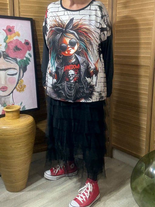 Top ample noir manches longues Punk Skulls Little Girl du 40 au 52