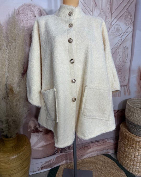 Veste-cape oversize laine bouillie crème TOUTES TAILLES jusqu'au 60 hiver +++