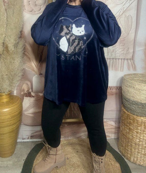 Top ample velours ras marine Le duo de chats strass douceur +++ du 38 au 50/52 