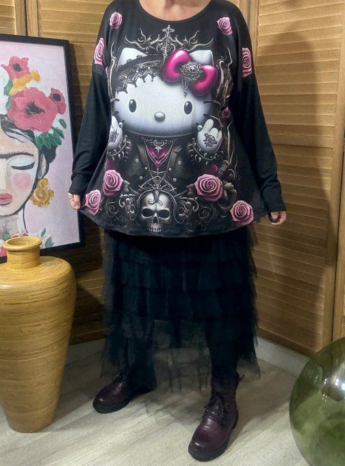 Top ample noir manches longues Hello Kitty Punk Vibes du 40 au 52