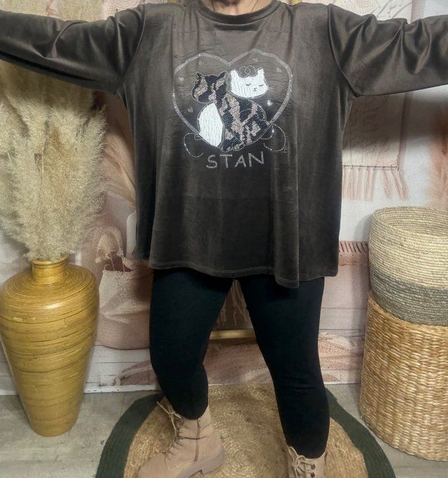 Top ample velours ras chocolat Le duo de chats strass douceur +++ du 38 au 50/52 