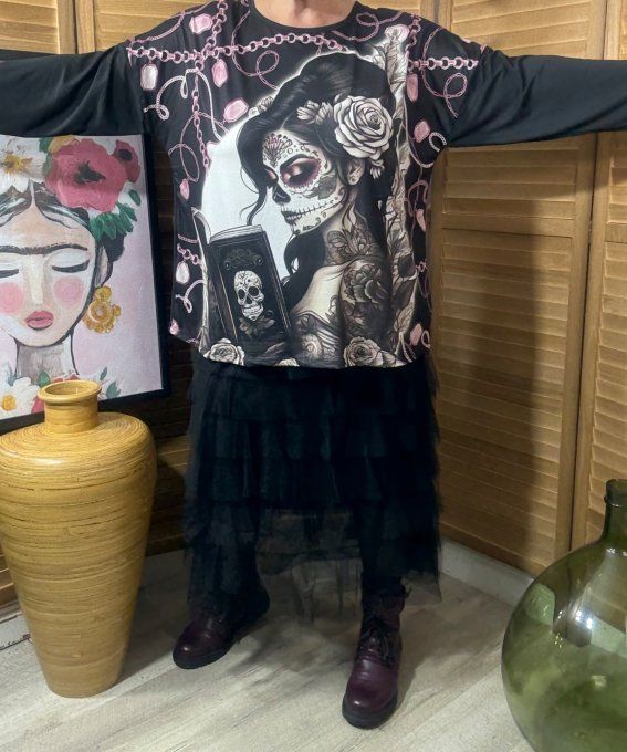Top ample noir manches longues The Velvet Catrina Mexican Girl du 40 au 52