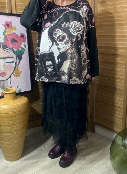 Top ample noir manches longues The Velvet Catrina Mexican Girl du 40 au 52