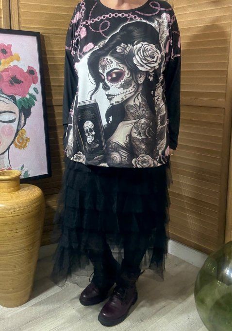 Top ample noir manches longues The Velvet Catrina Mexican Girl du 40 au 52