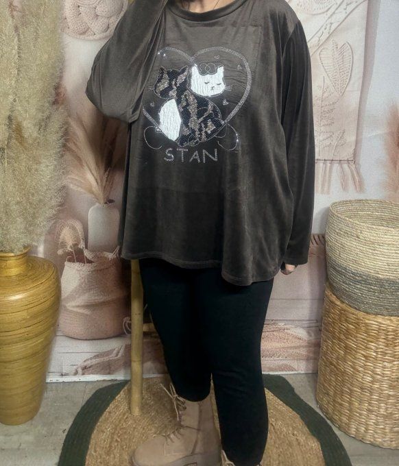 Top ample velours ras chocolat Le duo de chats strass douceur +++ du 38 au 50/52 