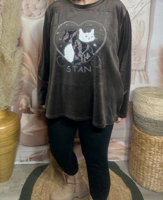 Top ample velours ras chocolat Le duo de chats strass douceur +++ du 38 au 50/52 