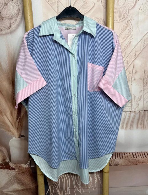 Chemise oversize asymétrique rayée marine + vert pastel + rose bonbon du 42 au 54