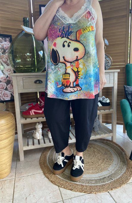 Caraco Débardeur Top trapèze satiné mat & dentelle Snoopy Street Art du 40 au 52  
