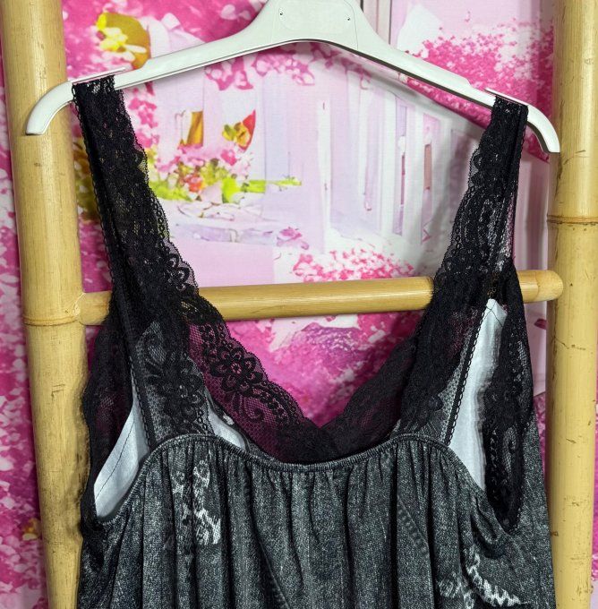 Caraco trapèze Lycra effet jeans gris Rolling Stones bretelles dentelle noire confort ++ du 40 au 52