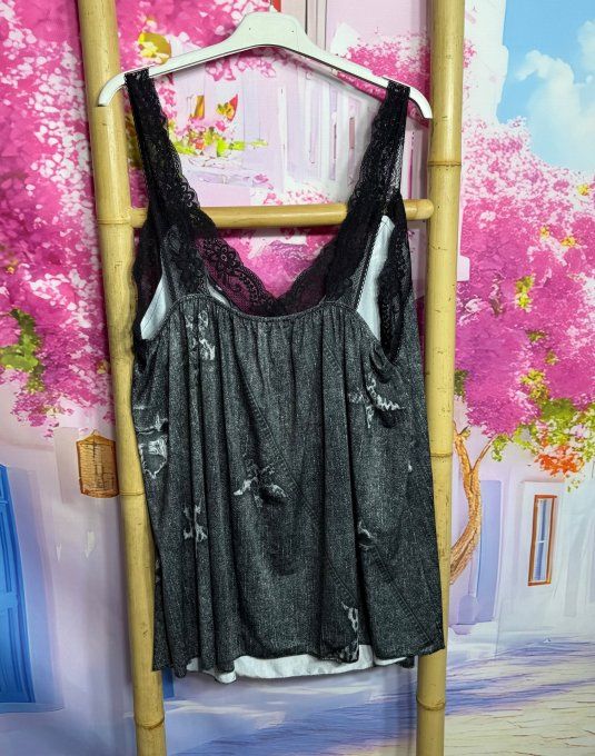 Caraco trapèze Lycra effet jeans gris Rolling Stones bretelles dentelle noire confort ++ du 40 au 52