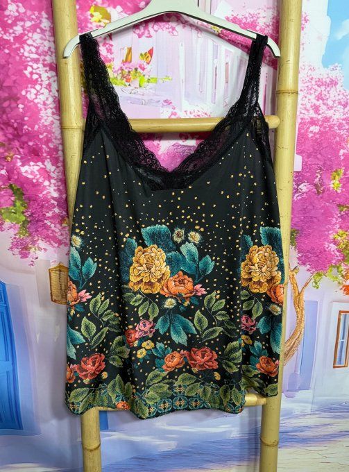 Caraco trapèze Lycra noir Jardin de Fleurs bretelles dentelle noire confort ++ du 40 au 52  