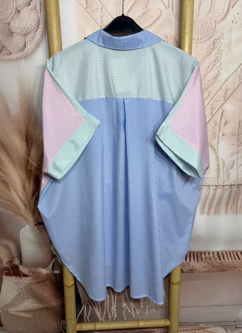 Chemise oversize asymétrique rayée rose bébé + bleu layette + vert pastel du 42 au 54