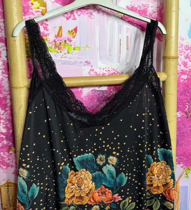 Caraco trapèze Lycra noir Jardin de Fleurs bretelles dentelle noire confort ++ du 40 au 52  