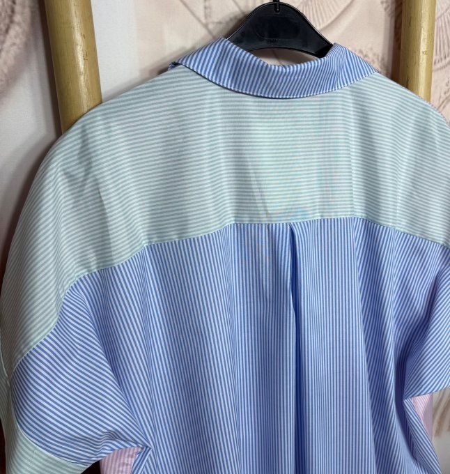 Chemise oversize asymétrique rayée rose bébé + bleu layette + vert pastel du 42 au 54
