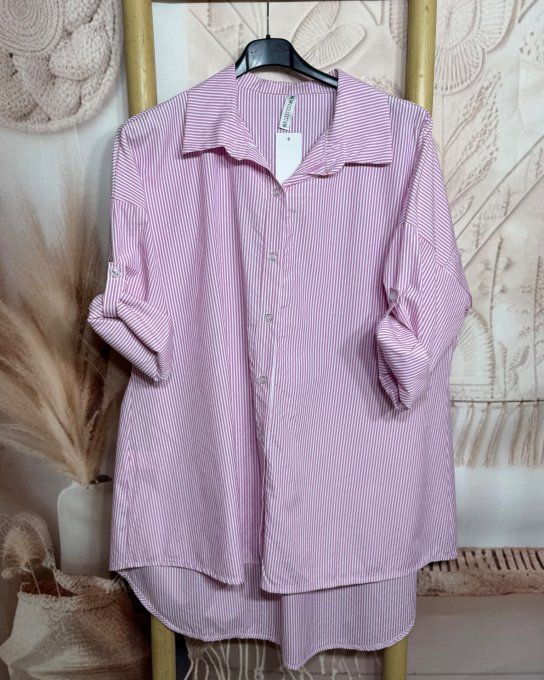 Chemise oversize asymétrique rayée rose bonbon et blanc du 38 au 48/50
