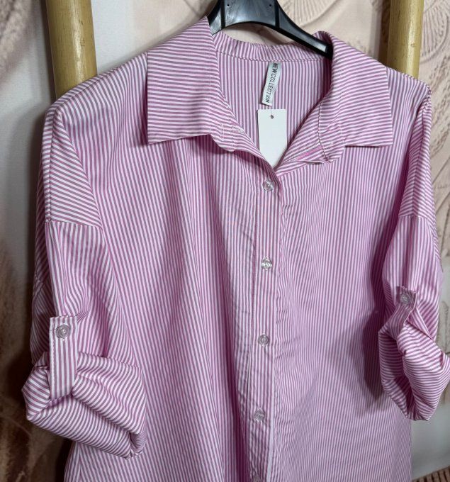 Chemise oversize asymétrique rayée rose bonbon et blanc du 38 au 48/50