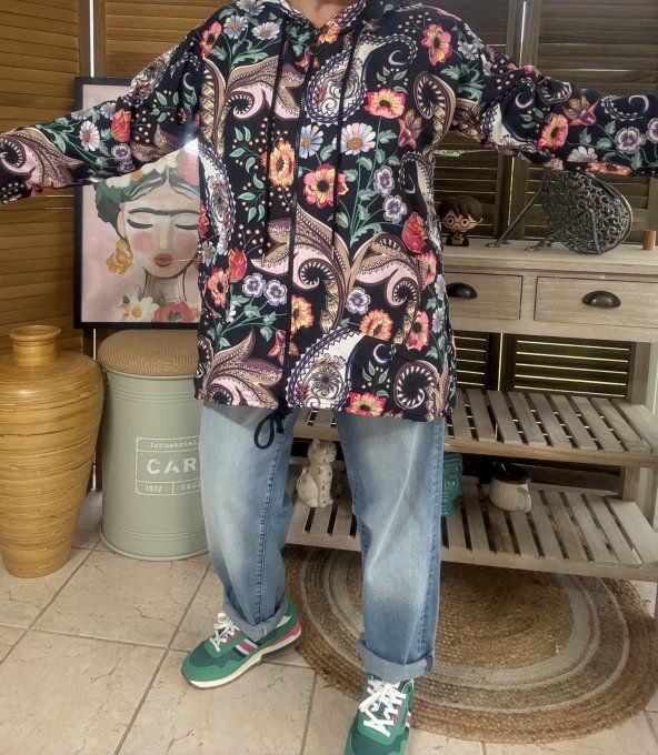 Coupe-vent à capuche déperlant noir Fleurs Gypsie Chic du 38 au 48 et même + 
