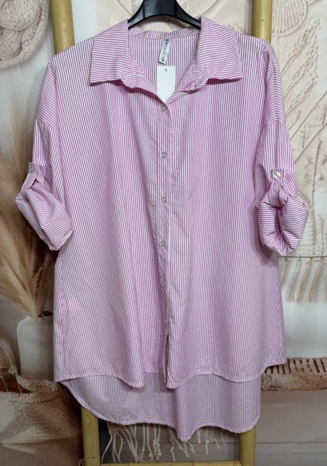 Chemise oversize asymétrique rayée rose bonbon et blanc du 38 au 48/50