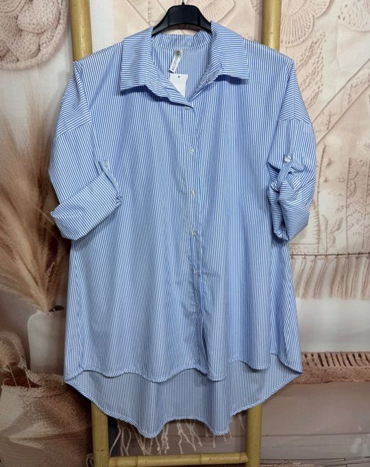 Chemise oversize asymétrique rayée bleu layette et blanc du 38 au 48/50 