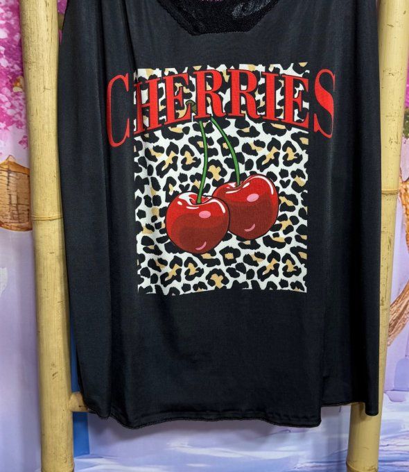 Caraco trapèze Lycra noir Léopard Cherries Cerises bretelles dentelle noire confort ++ du 40 au 52 
