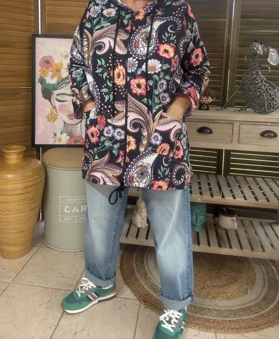 Coupe-vent à capuche déperlant noir Fleurs Gypsie Chic du 38 au 48 et même + 