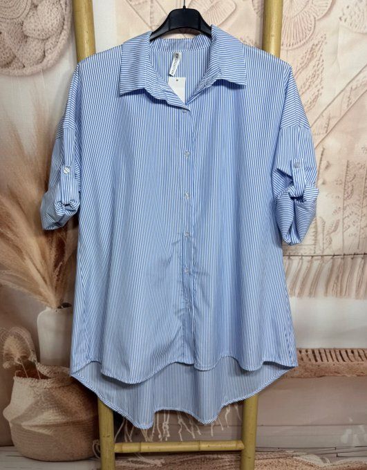 Chemise oversize asymétrique rayée bleu layette et blanc du 38 au 48/50 