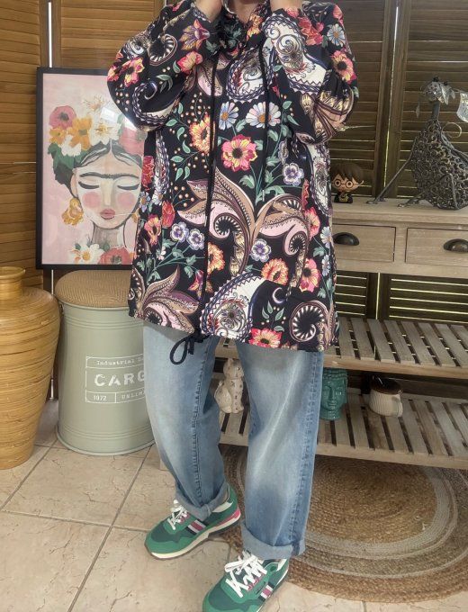 Coupe-vent à capuche déperlant noir Fleurs Gypsie Chic du 38 au 48 et même + 