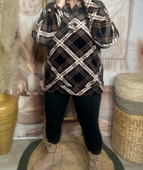 Top à capuche ample velours ras Tartan noir chocolat crème douceur +++ du 38 au 48